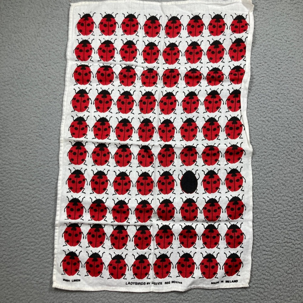 Ulster Ladybirds Tea Towel Red White Irish Linen Vintage Ladybug Print Kitchen